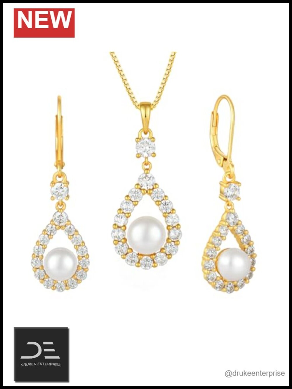 Freshwater Cultured Pearl Jewelry Set 925 Sterling Silver Cubic Zirconia Gold